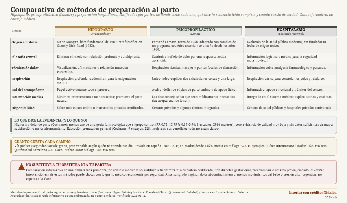 Comparativa de tres métodos de preparación al parto (hipnoparto, psicoprofiláctico o Lamaze, y preparación hospitalaria) por origen, filosofía, técnicas de dolor, respiración, rol del acompañante, intervención médica y disponibilidad, con lo que dice la evidencia Cochrane, los costes en España y el recordatorio de que no sustituye a la obstetra ni a la partera.